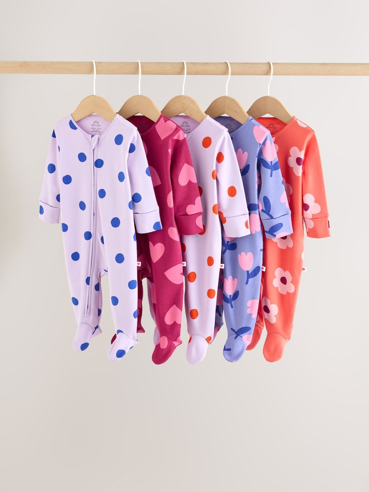 Purple/Pink Two Way Zip Baby Sleepsuits 5 Pack (0-2yrs) - Size 50cm (First Size) - Purple/Pink