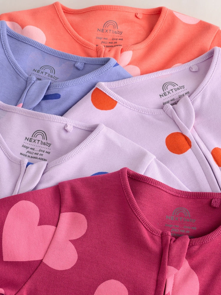 Purple/Pink Two Way Zip Baby Sleepsuits 5 Pack (0mths-2yrs)