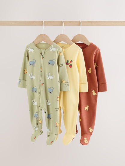 Yellow Farm Animals Two Way Zip Baby Sleepsuits 3 Pack (0mths-2yrs) - Up to 1 Month (50-56cm)