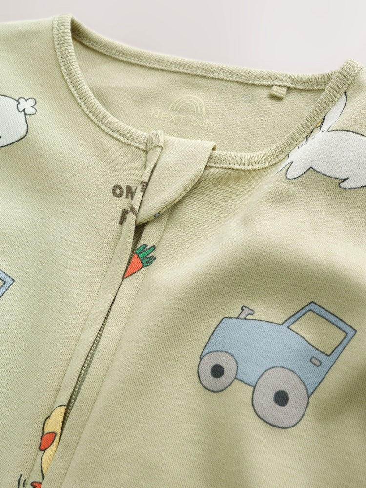 Yellow Farm Animals Two Way Zip Baby Sleepsuits 3 Pack (0mths-2yrs)