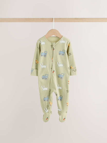 Yellow Farm Animals Two Way Zip Baby Sleepsuits 3 Pack (0mths-2yrs)