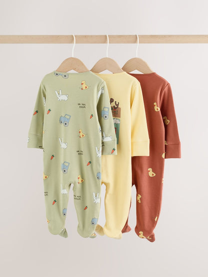 Yellow Farm Animals Two Way Zip Baby Sleepsuits 3 Pack (0mths-2yrs)