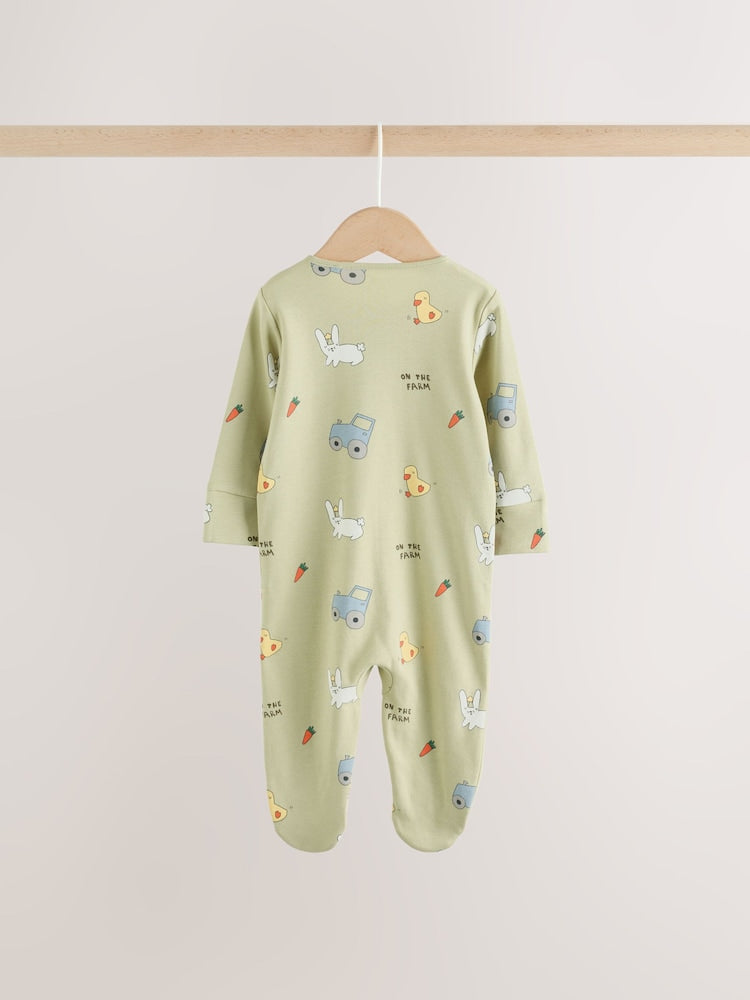 Yellow Farm Animals Two Way Zip Baby Sleepsuits 3 Pack (0mths-2yrs)