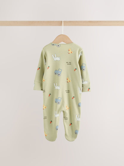 Yellow Farm Animals Two Way Zip Baby Sleepsuits 3 Pack (0mths-2yrs)