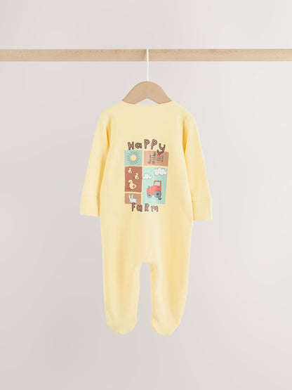 Yellow Farm Animals Two Way Zip Baby Sleepsuits 3 Pack (0mths-2yrs)