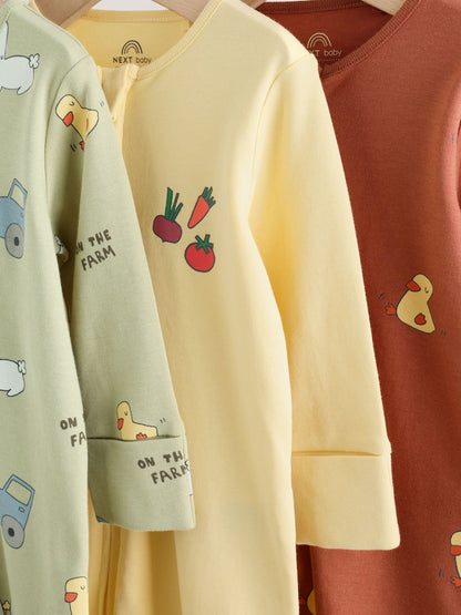 Yellow Farm Animals Two Way Zip Baby Sleepsuits 3 Pack (0mths-2yrs)