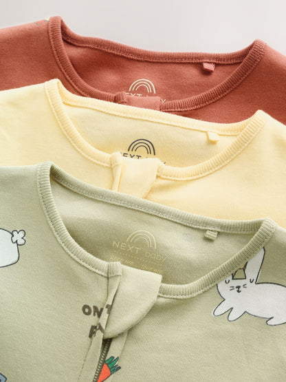 Yellow Farm Animals Two Way Zip Baby Sleepsuits 3 Pack (0mths-2yrs)