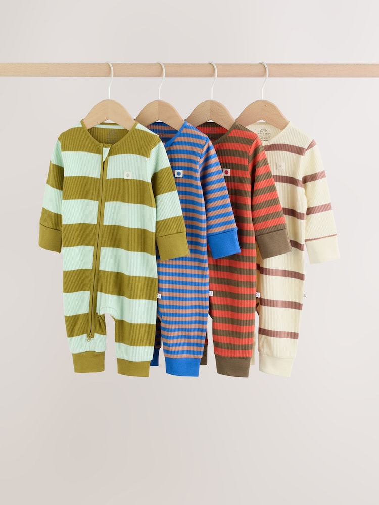 Blue/Green Stripe Two Way Zip Baby Sleepsuits 4 Pack (0mths-3yrs) - Blue/Green Stripe / Up to 1 Month (50-56cm)