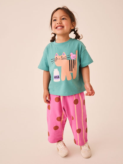 Green Cat Short Sleeve T-Shirt and Barrel Trousers Set (3mths-7yrs)