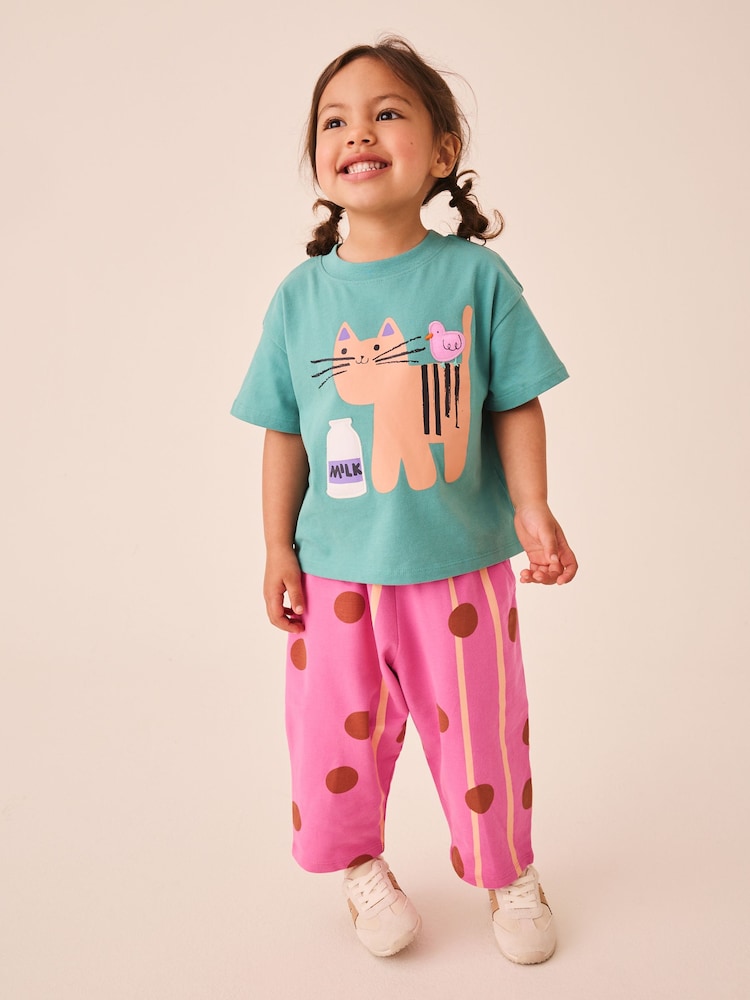 Green Cat Short Sleeve T-Shirt and Barrel Trousers Set (3mths-7yrs) - Green Cat / 12-18 Months (80-86cm)
