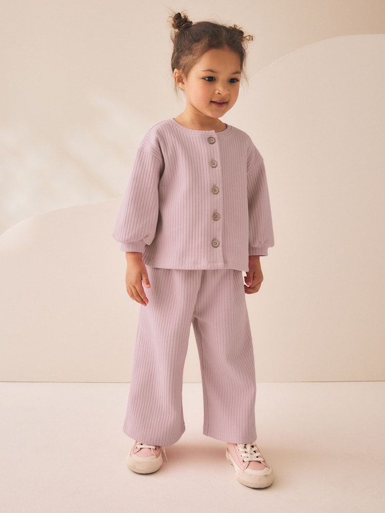 Pink Ribbed Raglan Cardigan and Wide Leg Trousers Set (3mths-7yrs) - Pink / 12-18 Months (80-86cm)
