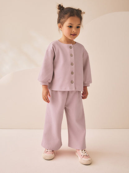 Pink Ribbed Raglan Cardigan and Wide Leg Trousers Set (3mths-7yrs) - Pink / 12-18 Months (80-86cm)