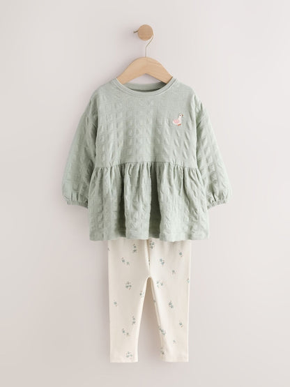 Sage Green Long Sleeve Textured Blouse and Leggings Set (3mths-7yrs) - Sage Green / 12-18 Months (80-86cm)