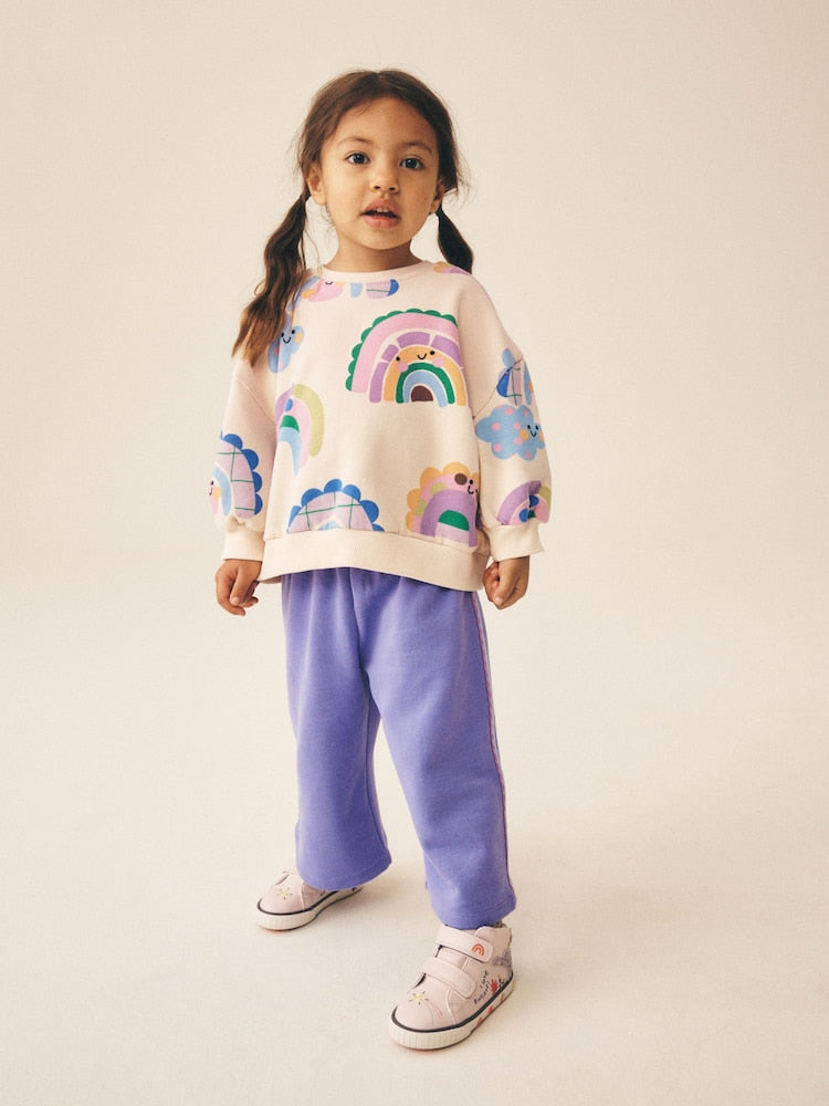 Light Purple Rainbow Sweatshirt and Wide Leg Joggers Set (3mths-7yrs) - Light Purple Rainbow / 12-18 Months (80-86cm)