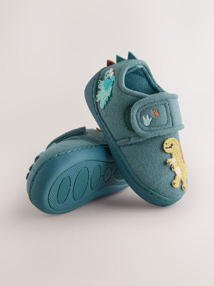 Teal Dino Touch Fastening Cupsole Slippers
