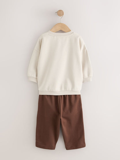 Ecru/Choc Crew Neck Joggers Set (3mths-7yrs)