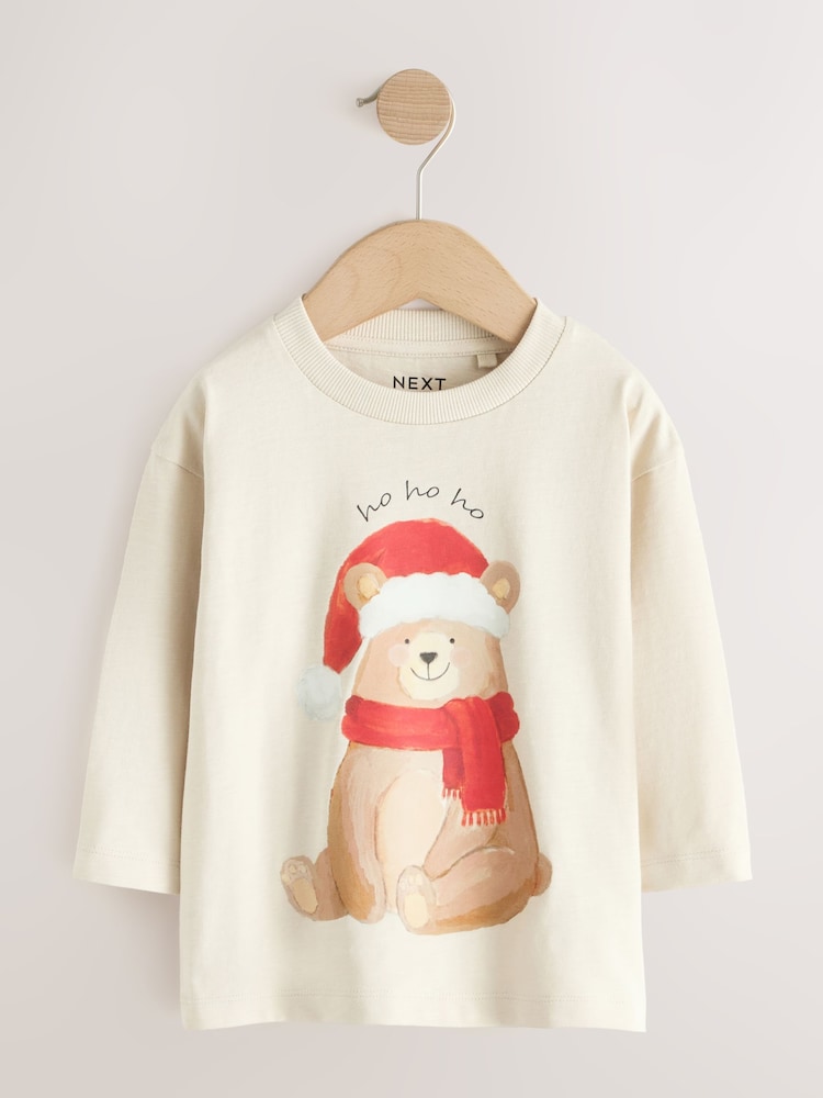 Cream Bear with Santa Hat Long Sleeve Christmas T-Shirt (3mths-7yrs) - Cream Bear with Santa Hat Long Sleeve Christmas / 12-18 Months (80-86cm)