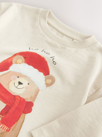 Cream Bear with Santa Hat Long Sleeve Christmas