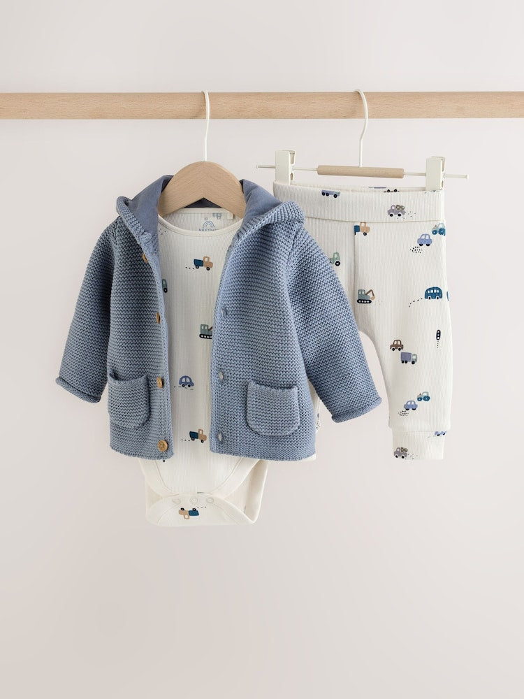 Blue Transport Baby Knitted Cardigan, Bodysuit and Leggings Set (0mths-2yrs) - Up to 1 Month (50-56cm)