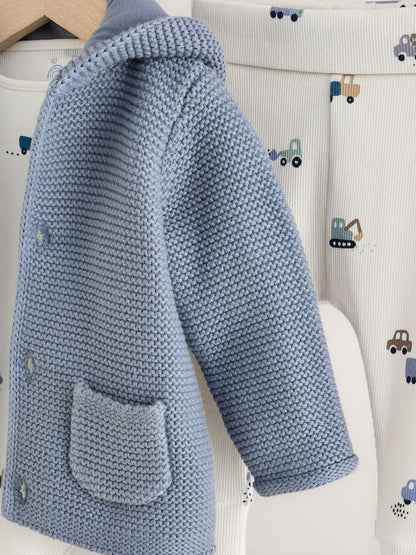 Blue Transport Baby Knitted Cardigan, Bodysuit and Leggings Set (0mths-2yrs)