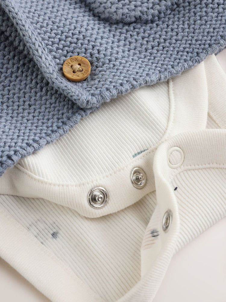 Blue Transport Baby Knitted Cardigan, Bodysuit and Leggings Set (0mths-2yrs)