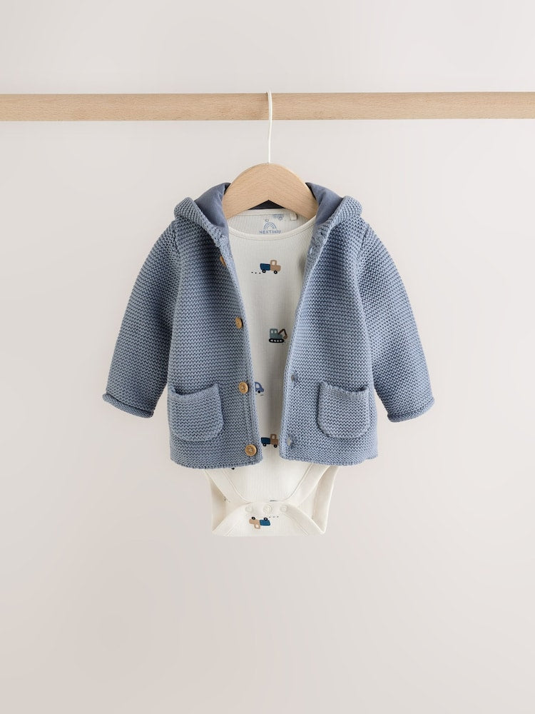 Blue Transport Baby Knitted Cardigan, Bodysuit and Leggings Set (0mths-2yrs)
