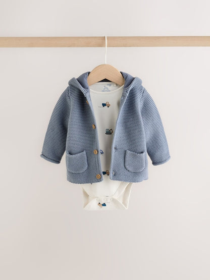 Blue Transport Baby Knitted Cardigan, Bodysuit and Leggings Set (0mths-2yrs)