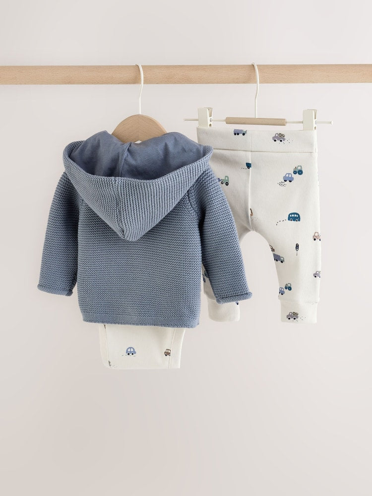 Blue Transport Baby Knitted Cardigan, Bodysuit and Leggings Set (0mths-2yrs)