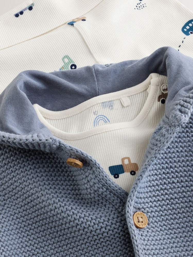 Blue Transport Baby Knitted Cardigan, Bodysuit and Leggings Set (0mths-2yrs)
