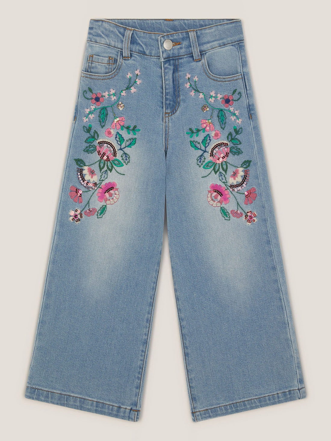 Monsoon Blue Sequin Floral Embroidered Wide Leg Jeans - Size 3 Years (98cm)