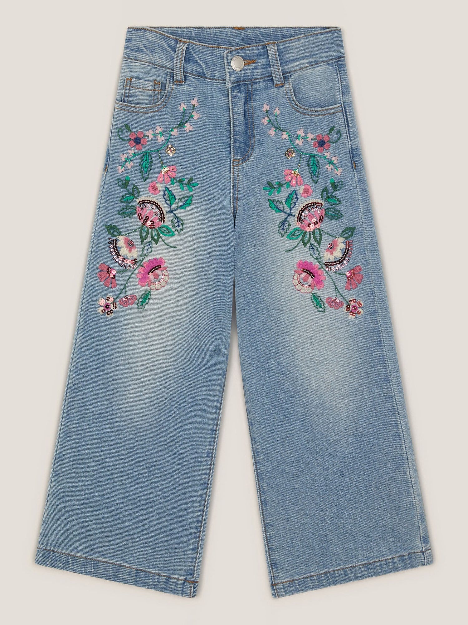 Monsoon Blue Sequin Floral Embroidered Wide Leg Jeans - Size 3 Years (98cm)
