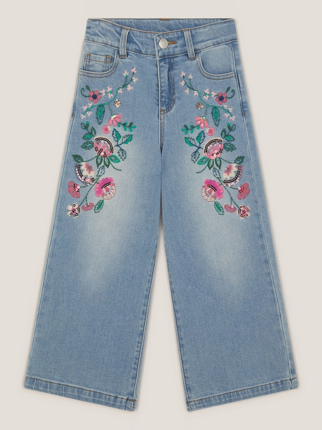 Monsoon Blue Sequin Floral Embroidered Wide Leg Jeans - Size 3 Years (98cm)
