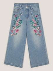 Monsoon Blue Sequin Floral Embroidered Wide Leg Jeans - Size 3 Years (98cm)