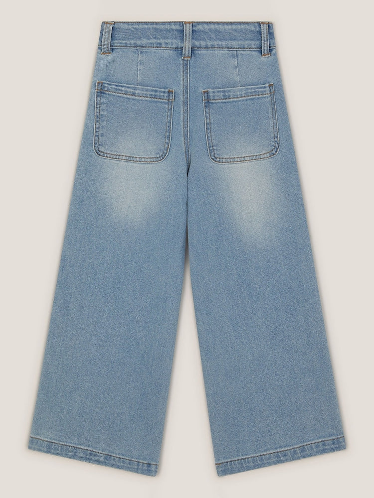 Monsoon Blue Sequin Floral Embroidered Wide Leg Jeans