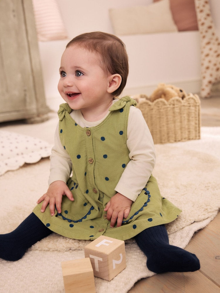 Green Spot Baby Pinafore Long Sleeve Bodysuit And Tights 3 Piece Set (0mths-2yrs) - Green Spot / Up to 1 Month (50-56cm)