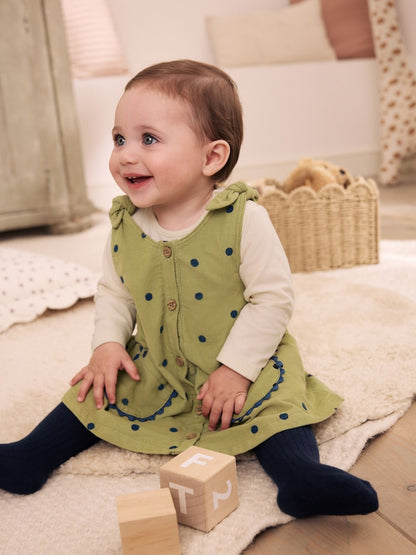Green Spot Baby Pinafore Long Sleeve Bodysuit And Tights 3 Piece Set (0mths-2yrs) - Green Spot / Up to 1 Month (50-56cm)