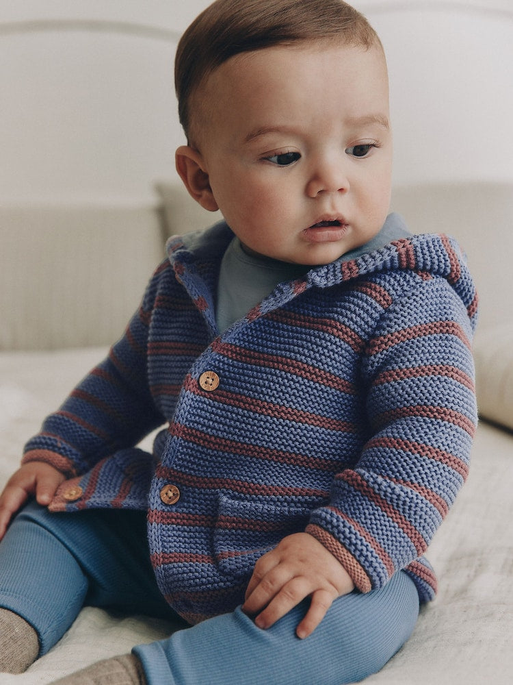 Blue & Burgundy Stripe Knitted Baby Cardigan (0mths-2yrs) - Up to 1 Month (50-56cm)