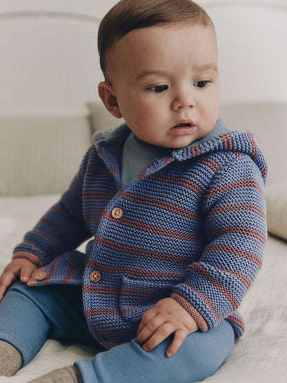 Blue &amp; Burgundy Stripe Knitted Baby Cardigan (0mths-2yrs) - Up to 1 Month (50-56cm)
