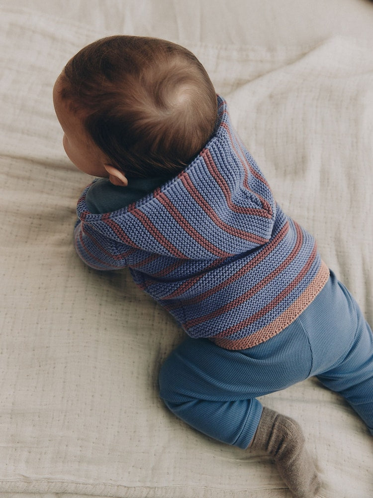 Blue &amp; Burgundy Stripe Knitted Baby Cardigan (0mths-2yrs)