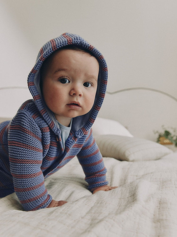 Blue &amp; Burgundy Stripe Knitted Baby Cardigan (0mths-2yrs)