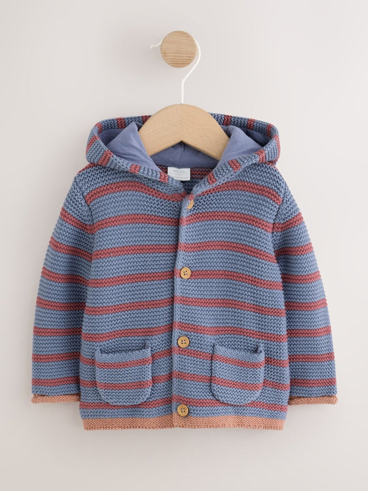 Blue &amp; Burgundy Stripe Knitted Baby Cardigan (0mths-2yrs)