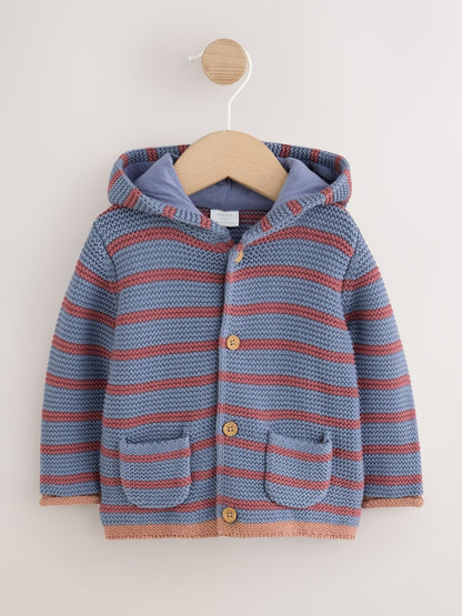 Blue &amp; Burgundy Stripe Knitted Baby Cardigan (0mths-2yrs)