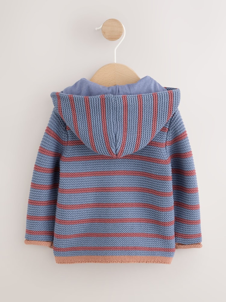 Blue &amp; Burgundy Stripe Knitted Baby Cardigan (0mths-2yrs)