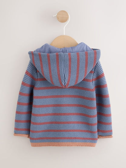 Blue &amp; Burgundy Stripe Knitted Baby Cardigan (0mths-2yrs)