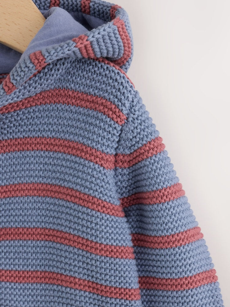 Blue &amp; Burgundy Stripe Knitted Baby Cardigan (0mths-2yrs)