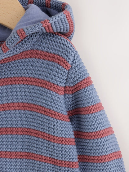 Blue &amp; Burgundy Stripe Knitted Baby Cardigan (0mths-2yrs)