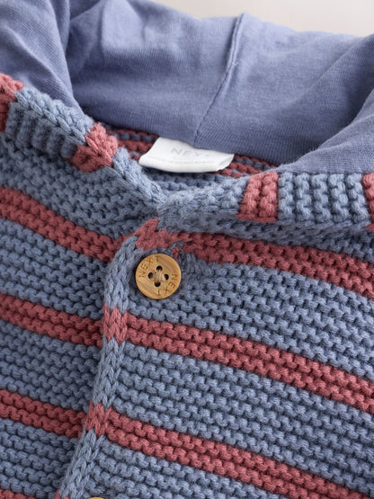 Blue &amp; Burgundy Stripe Knitted Baby Cardigan (0mths-2yrs)