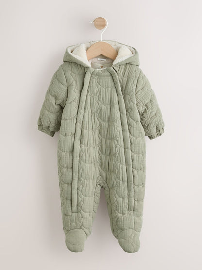Green Crinkle Bear Face Quilted Baby Pramsuit (0mths-2yrs) - Up to 1 Month (50-56cm)