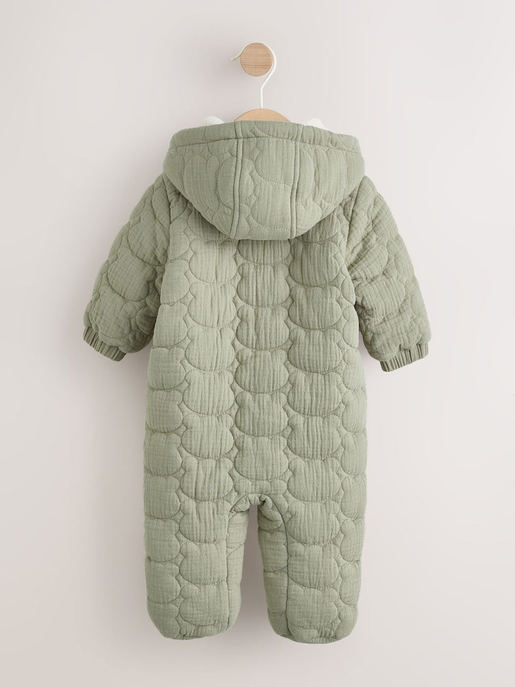 Green Crinkle Bear Face Quilted Baby Pramsuit (0mths-2yrs)