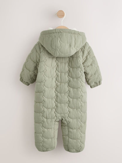 Green Crinkle Bear Face Quilted Baby Pramsuit (0mths-2yrs)